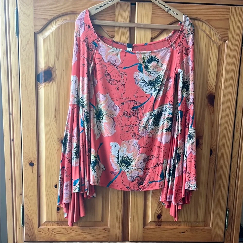 We The Free Orange Birds of Paradise Bell Sleeve Blouse
